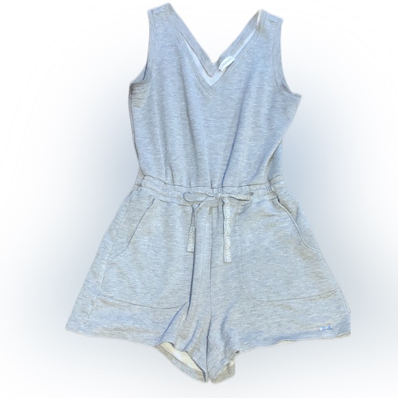 Calvin Klein Sleeveless V-Neck Grey Sweat-Short Romper With Drawstring Waist - Picture 2 of 6